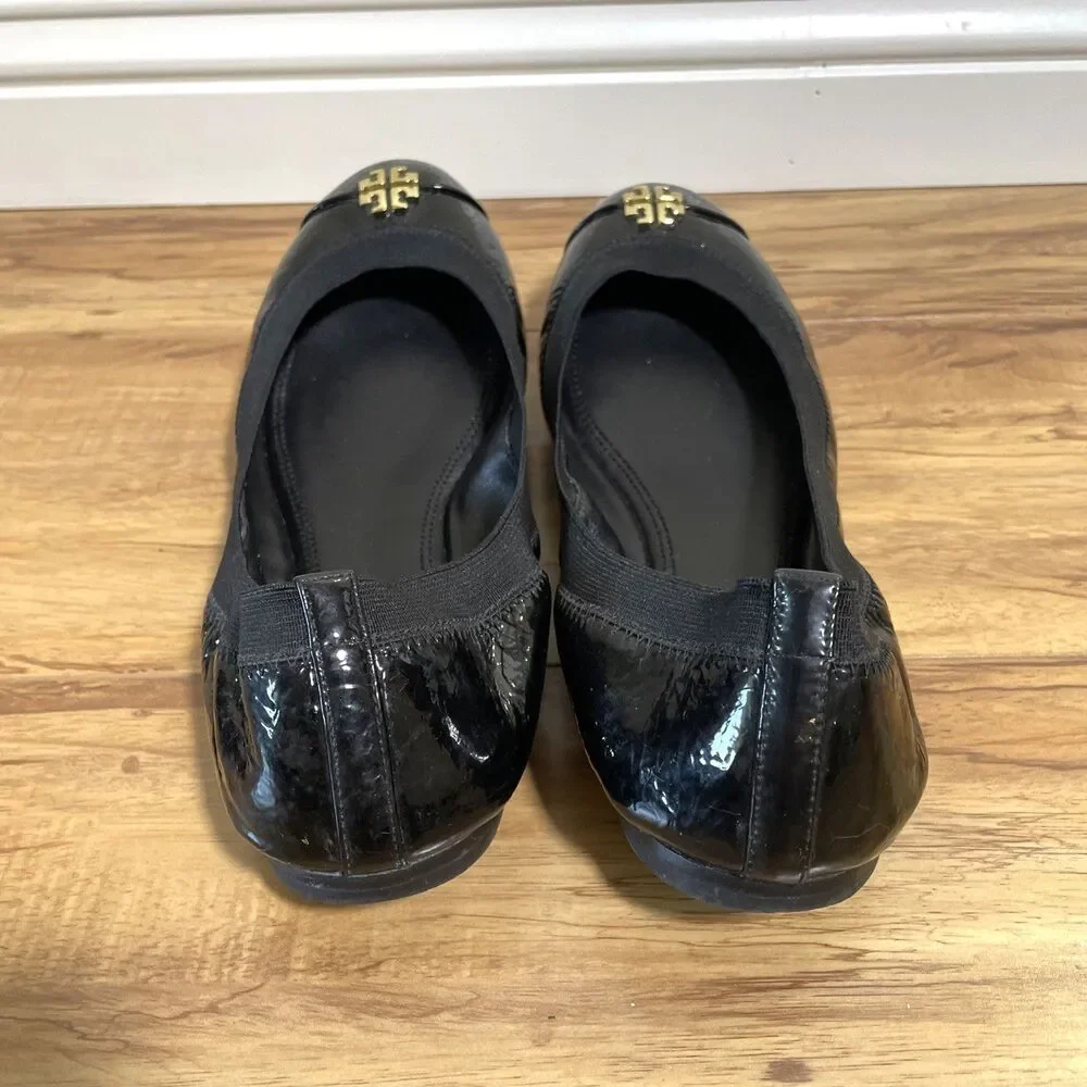 Tory Burch Jolie 10.5 M Black Patent Leather Cap Toe Stretch Ballet Flats Shoes
